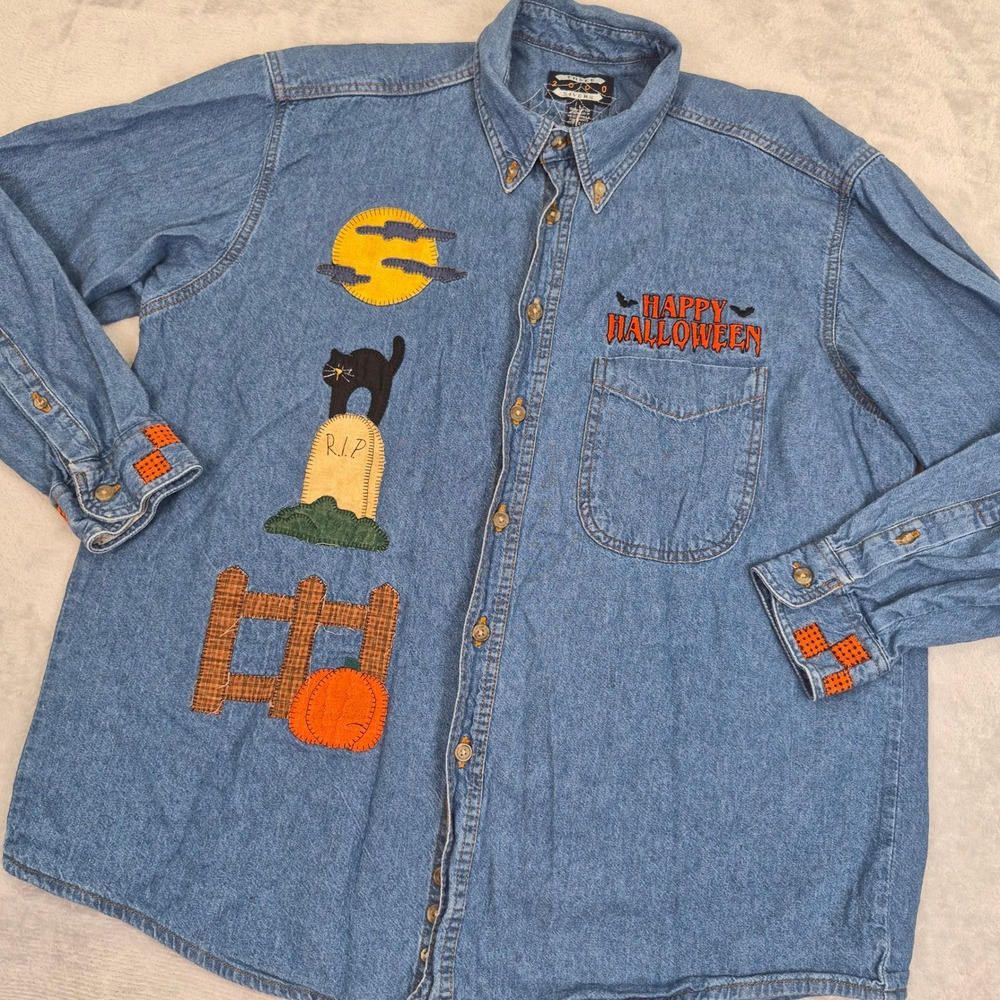 Vintage Halloween Denim Button Down Shirt Blue Cotton Womens L Black Cat Pumpkin